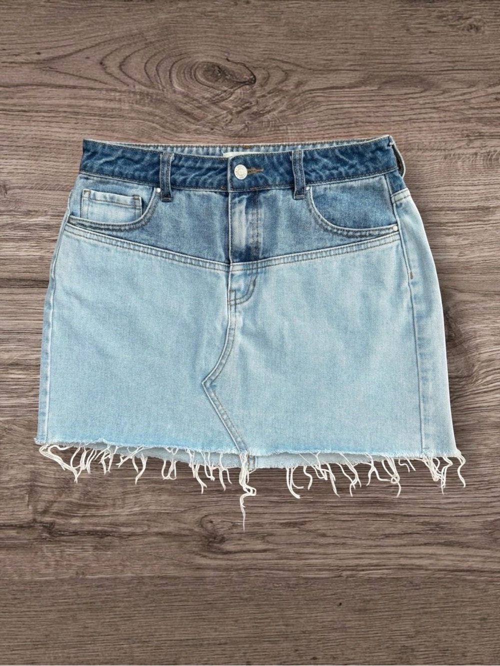 PacSun Two Tone Colorblock Denim Mini Skirt Frayed Raw Hem Blue Jean 27